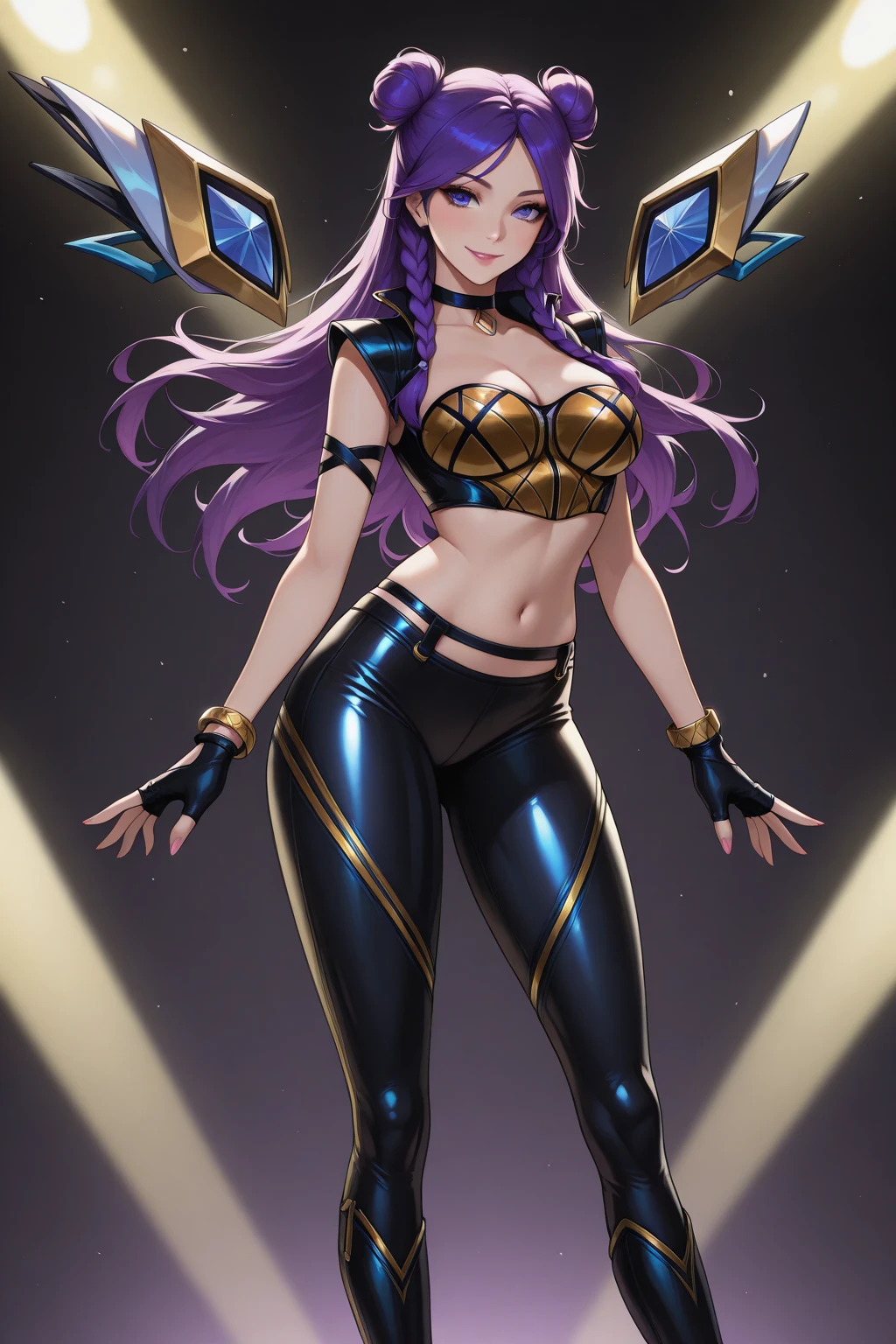 high quality, photorealistic, realistic, 8k, highres, fine light, studio lighting, standing, portrait of a girl, sexy pose, purpel hair, black legging, tight pants, purple hair, bare shoulders, crop top, medium breasts, black gloves, beautiful face, beautiful eyes, kai'sa kda, from below