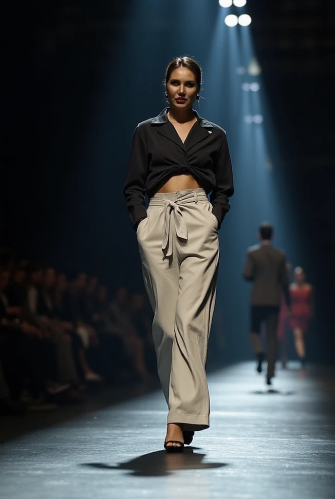 A light-skinned teenage boy, unfeminine, delgado, on a catwalk with black glasses, short white shirt, With waist, white bell bottom pants with black hems, with gold accessories
