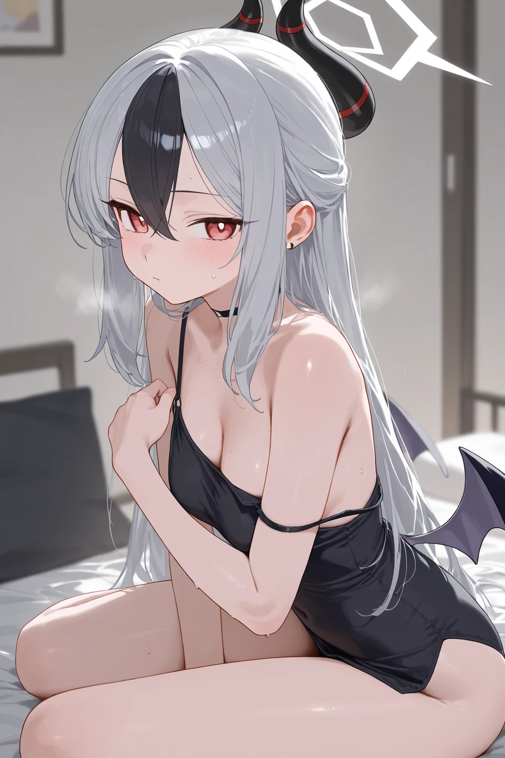 White color hair,Leakage out of the collarbone,Neck leakage,Heart-shaped decoration,succubi,have demon wings,Dog crawling style on bed