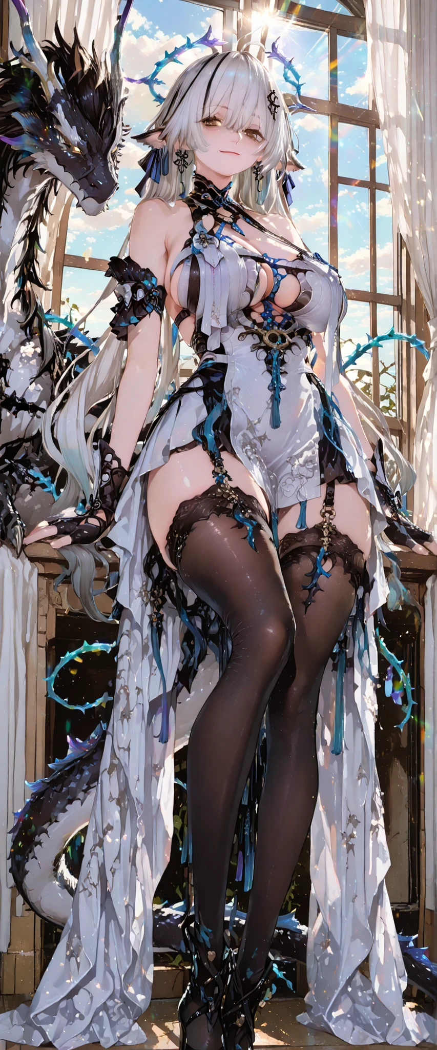 (top quality, masterpiece,best quality:1.2, high_resolution:1.2,ultra details:1.2,extreme quality,sharp focus,highres, soft lighting,best quality,hyper detailed), (1girl, solo, white hair, short layers hair, heavy makeup, blush:1.2, grunge style, (big breasts:1.2), looking at viewer), (pornographic, (short dress composed of mecha and colorful crystals,lace,round floral framed,decorated with complex patternreasts out:1.2, Thick thighs, nsfw:1), (full body:1.2, ((front view))), (standing, interior mecha, hell hound), (beautiful light, bokeh:1.2)