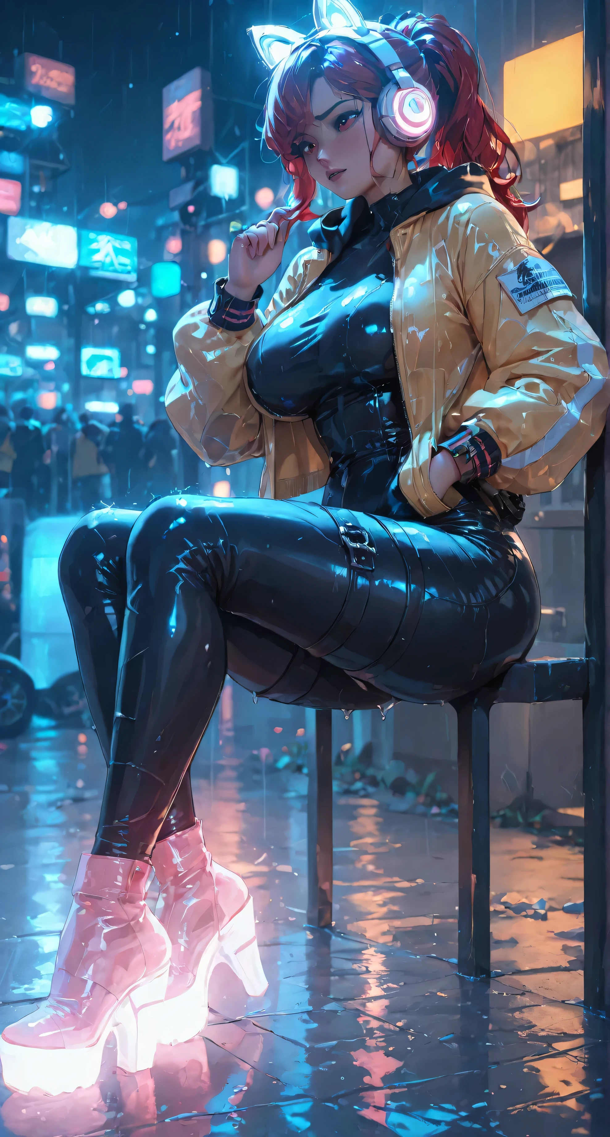 Anime Girl , leather skirt long red hair, red eyes, Tight denim shorts ,Yellow hoodie, thick thighs, transparent jumpsuit for medium breasts, on the wall , Unsupervised, is not suitable for work