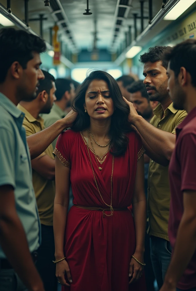 cute indian girl in saree and Crying face and man's bad touching left side and right side man's 