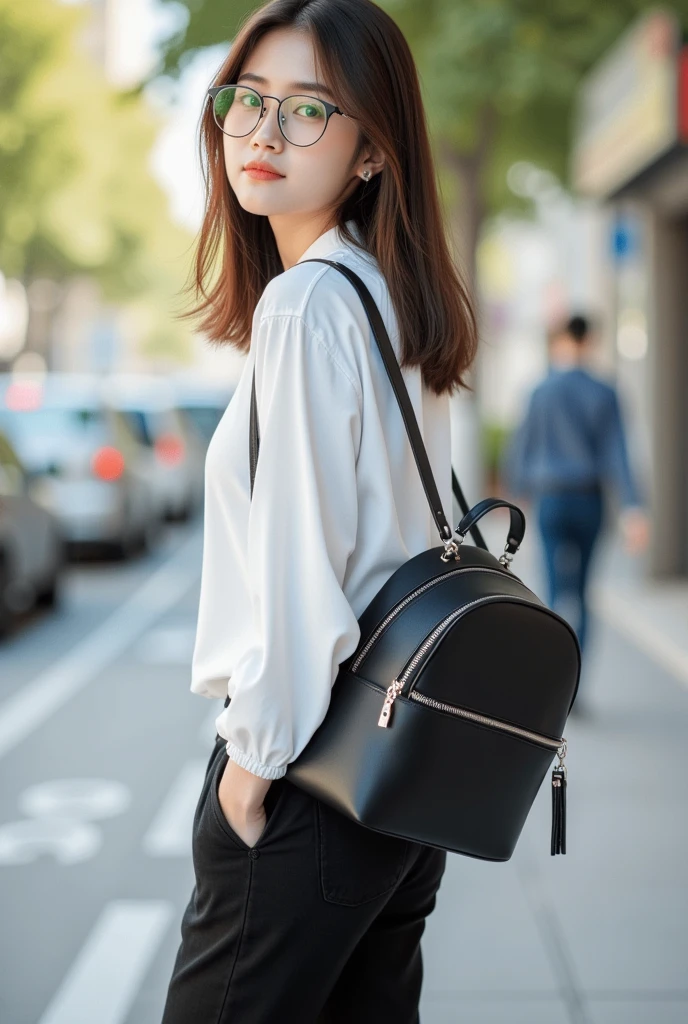 There is a beautiful woman standing on the road with a backpack, she&#39;s wearing streetwear, In front of the ramen shop, Woman in streetwear, wide portrait, pink clothes, ((pink)), Vibrant Aesthetics, wearing pink floral chiton, on a sunny day, standing on the street, (Highly detailed facial expressions), (looking_at_viewer),
