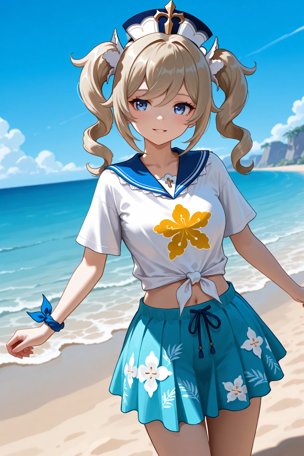 masterpiece, best quality, one-piece swimsuit, sailor collar, detached sleeves, sweaty, wet skin, sparkling skin, hat, sandals, bag, animal bag, 1girl, solo, blonde hair, twin drills, blue eyes, small breasts,one hand waving at viewer, armpit, smiling, open mouth, happy, beach, sunshine, clear water, white sand