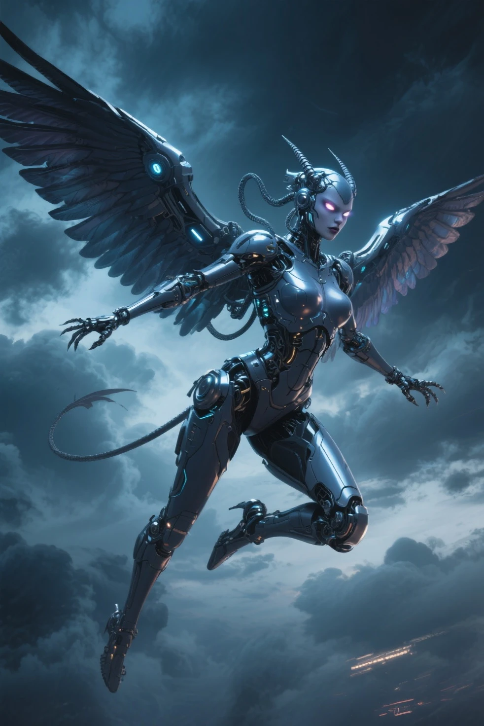 There's a woman in a futuristic leotard with wings standing in a dark sci Fi scenario, centered in front of the camera, standing still, beautiful cyborg angel girl, portrait of a cyborg queen, perfect cyborg woman, beutiful girl cyborg, 4k detailed digital art, 4k highly detailed digital art, stunning cgsociety, detailed fantasy digital art, 2. 5 d cgi anime fantasy artwork, cyberpunk robotic elvish queen