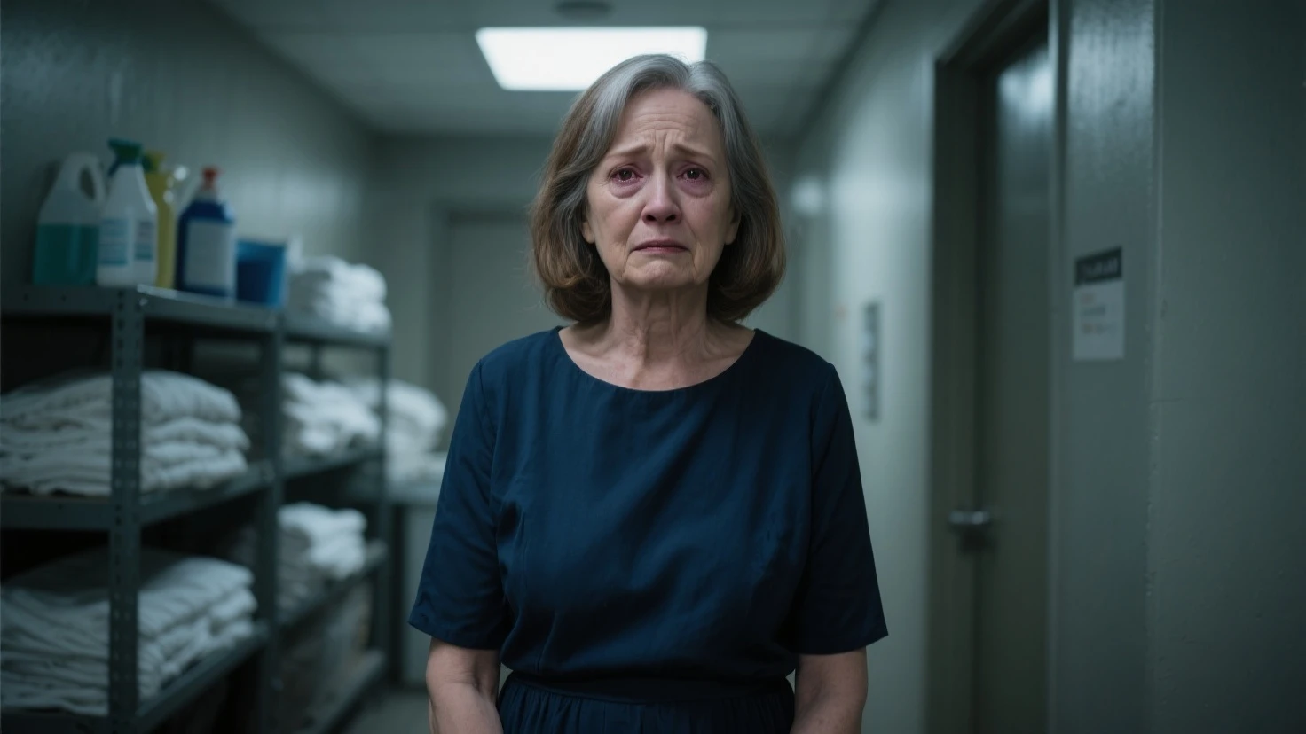 Create a dramatic scene in a well-lit hospital. En el centro de la imagen, place a lady of approximately 50 years old. His hair is gray and thin, a little messy, and your face is youthful, without wrinkle, but still reflects age with a sense of experience. She is dressed in humble clothes, but in good condition: a simple dress and a cardigan, both clean and well maintained.
The lady must have a neutral look, without expressing concern or emotion, but with an aura of introspection.
The hospital environment must be well lit, with white walls and a tiled floor. Include some medical equipment and a waiting bench in the background., that must seem little used. The image must capture the fragility and humanity of the moment with a neutral gaze that reflects serenity in the face of the situation..