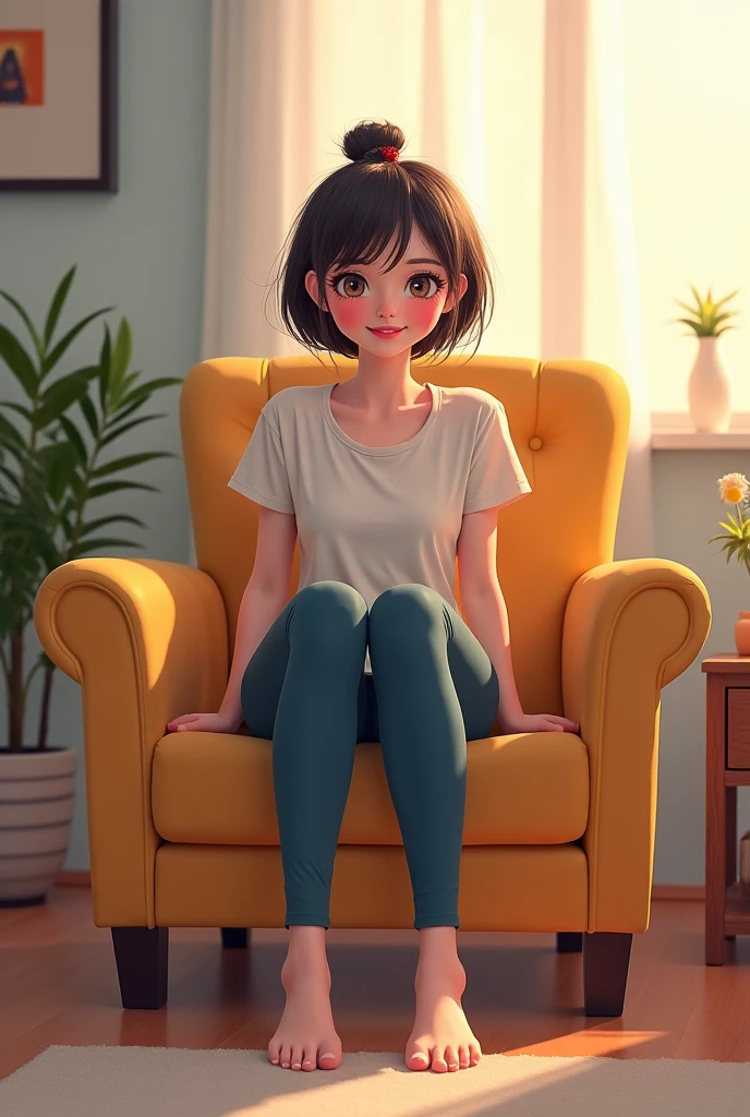 Barefoot girl in pants in living room with feet on table