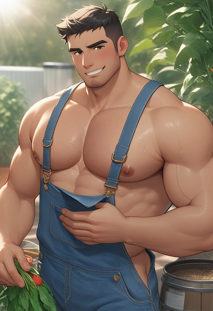 High-quality masterpiece, realistic scene, strongman in action, cooking Eggs Benedict, solo, outdoors, by a campfire, muscular physique, wearing work pants and a white t-shirt, sweating subtly, shiny skin, realistic, ultra-detailed, (whisk in hand: 1.2), dynamic light and shadow, high resolution, sharp focus, depth of field, intense gaze, penetrating eyes, sharp pupils, realistically rendered, (egg sizzling in pan: 1.5), (yolks runny: 1.1), (toast golden brown: 1.3), (hollandaise sauce poured: 1