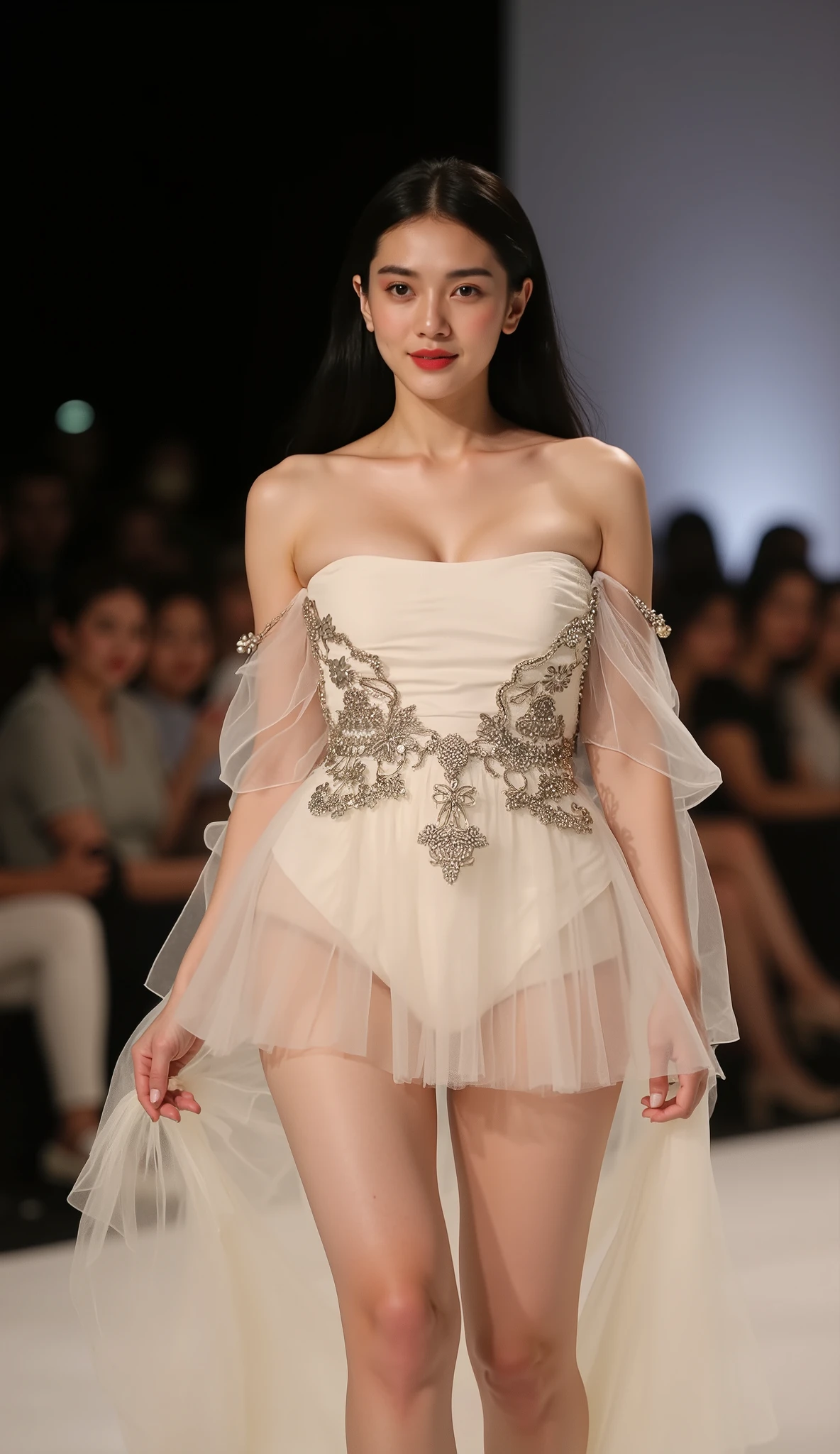 (Masterpiece, best quality, high resolution) A plump muscle korean woman confidently smile showcases a full look on the T-stage. She has long,sleek black hair,delicate makeup,with eyeshadow and red lipstick perfectly complementing each other,highlighting her fashionable style. She wears a new Chinese-style Hanfu with a trendy touch,designed as a strapless short skirt,made of lightweight tulle material,adorned with exquisite embroidery all over the dress,blending traditional and modern elements,rich in color but still harmonious. The off-shoulder and off-waist design highlights her elegant curves,the short skirt fitting tightly to her skin,outlining her slender legs and perfect plump muscle body proportions. The stage lights are soft and focused,casting delicate shadows,further emphasizing her skin tone and the texture of the clothing. She walks gracefully smile with an elegant posture,the background music is gentle,capturing the audience's attention happy vibes beauty smile,creating a scene filled with a blend of modern and classical fashion atmosphere.,Room
big 
huge breasts， slender thighs，