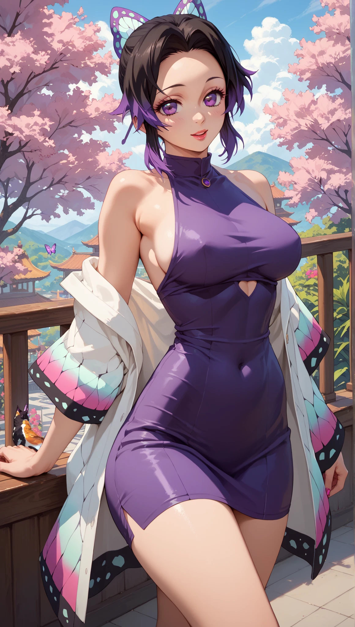 (best quality: 1.1), (masterpiece: 1.2), portrait, 1girl, yuzuriha_(jigokuraku), purple hair, brown eyes, ninja, nude, neckline, big breasts, {very big breasts}, topknot, medium hair, breasts separate, white obi, smile , outdoors, (blush:1.1), flowers, (hands behind head:1.0),