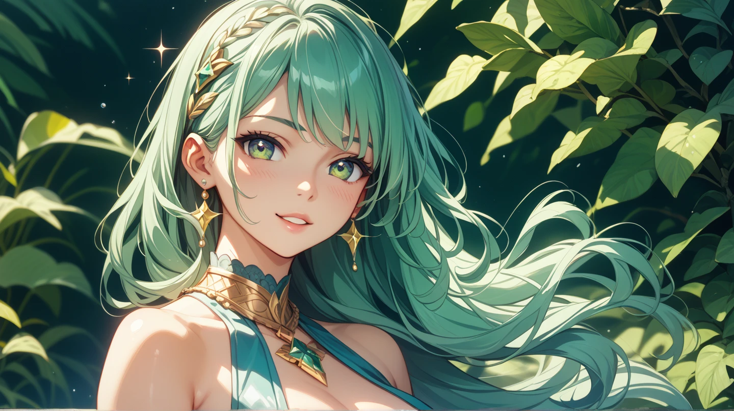beautiful臉, best quality, Ultra-high resolution light, radiant skin, delicate skin, Detailed face, exquisite eyes, beautiful, Green hair, Straight Hair, flowing hair, Green eyes