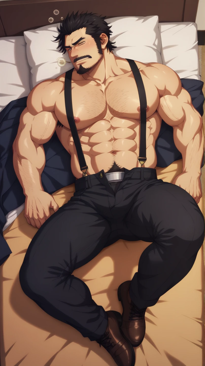 score_9, score_8_up, score_7_up, Expressiveh, masterpiece, extremely detailed, highres, detailed beautiful face and eyes, best quality, best aesthetics, absurdres, perfect anatomy, perfect proportions, high resolution, good color, bright skin, good shading, countershading, well detailed background, handsome man, male focus, red eyes, scar on his eyes, short hair, beard, full body, angry face, veins muscular, sweaty skin, sweat on skin, full body, body hair, black shirt, shaded, sexy, tan skin, attractive, ((laying down)), ((top view)), Muscular, black combat boots, show his armpits, on the big bed.