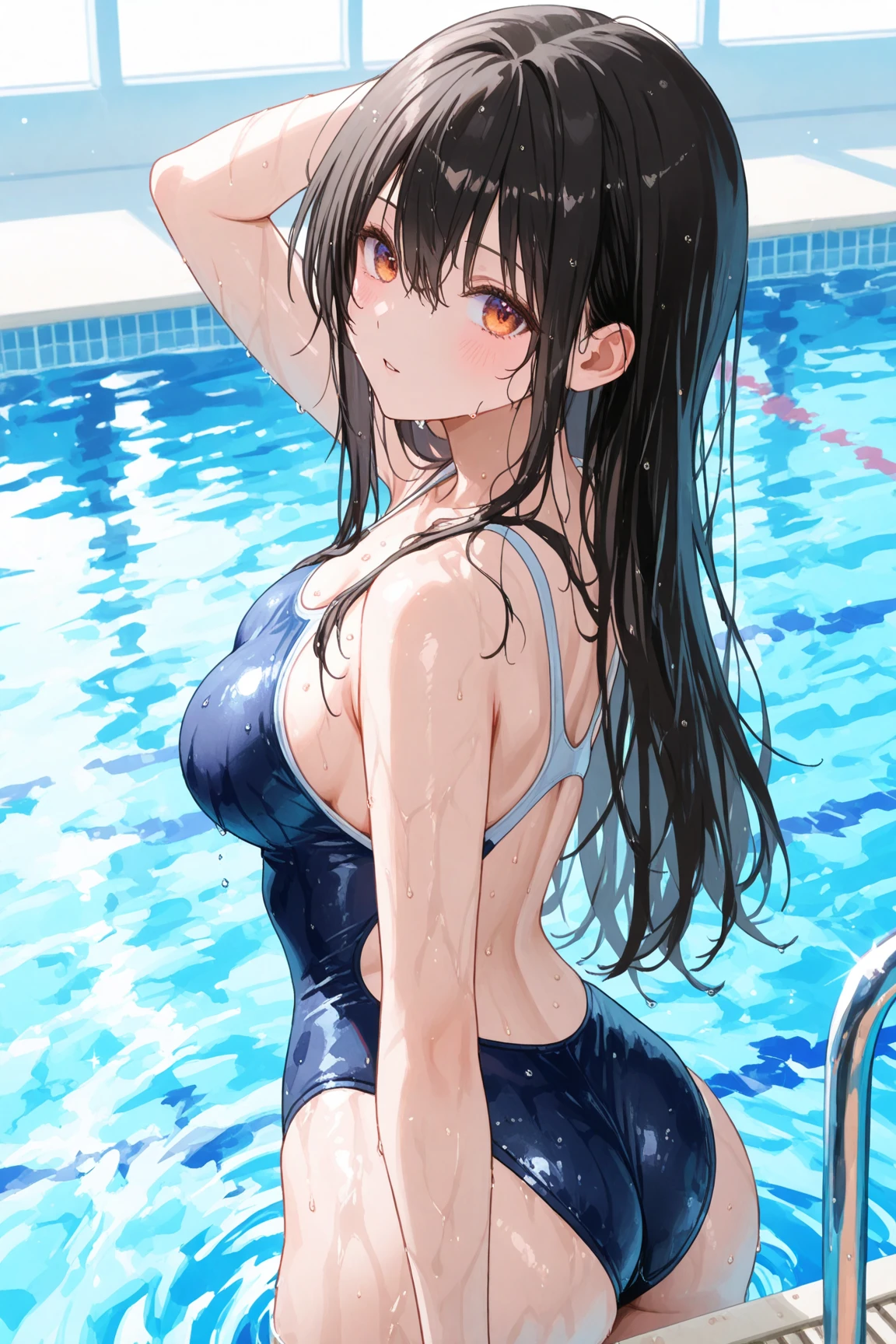 (((masterpiece))),(((High resolution))), (((perfect face)))、(((Japan beauty)))、15 years old, (((swimsuit))), ((top quality eyes)), detailed texture, ((high resolution face)), (at the swimming pool), (((leaning forward))), ((plump thighs))