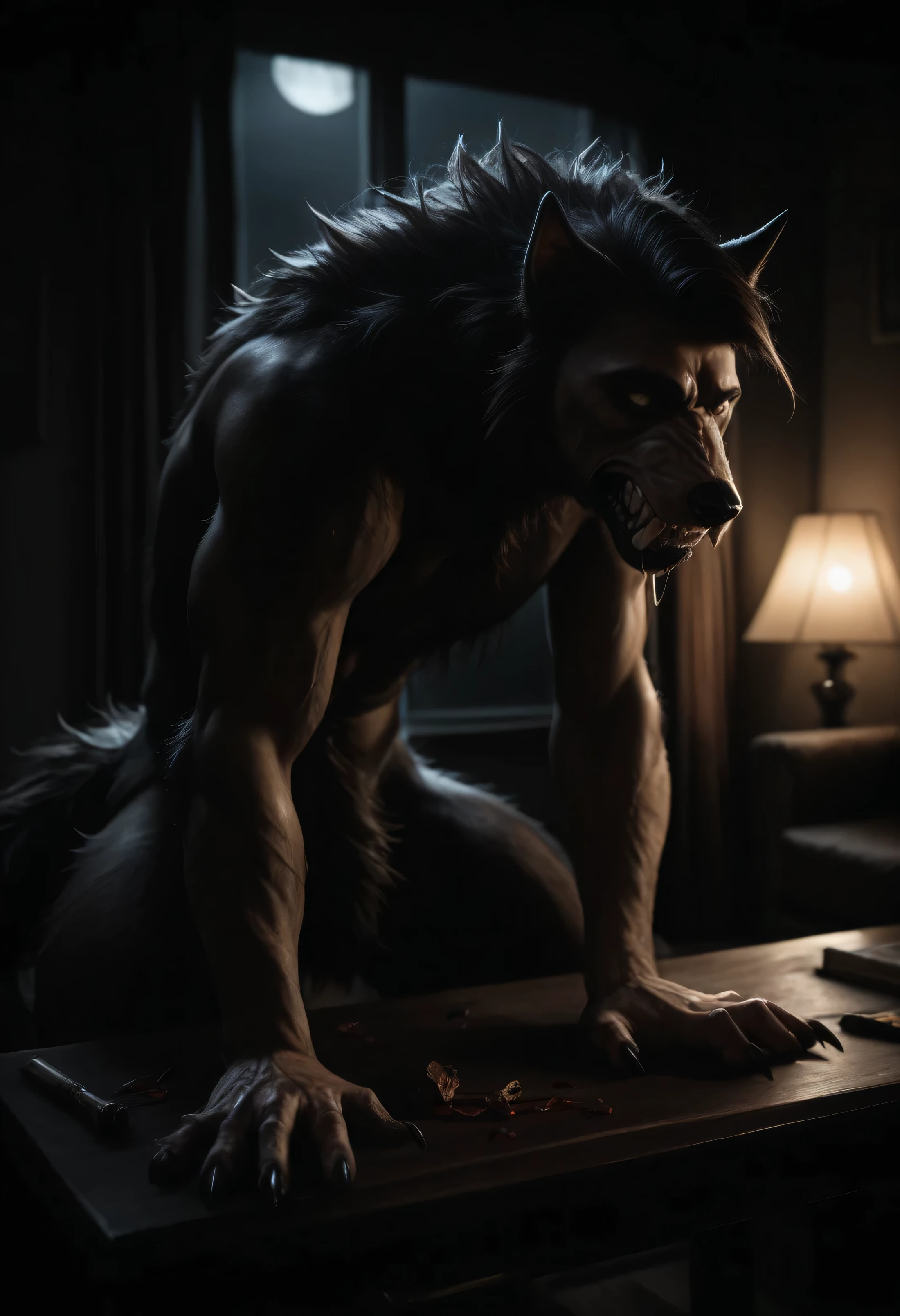 big werewolf monster with black fur, on the bed, One, seductive, Starlight Night, horror, realistic lighting, high quality, Very detailed, Super detailed, high detail, fluffy balls, big penis, thick penis, erection, obscene, detailed genitals, wet penis, focus on penis, crotch shot, beard, from Taransky violinist, first-person view