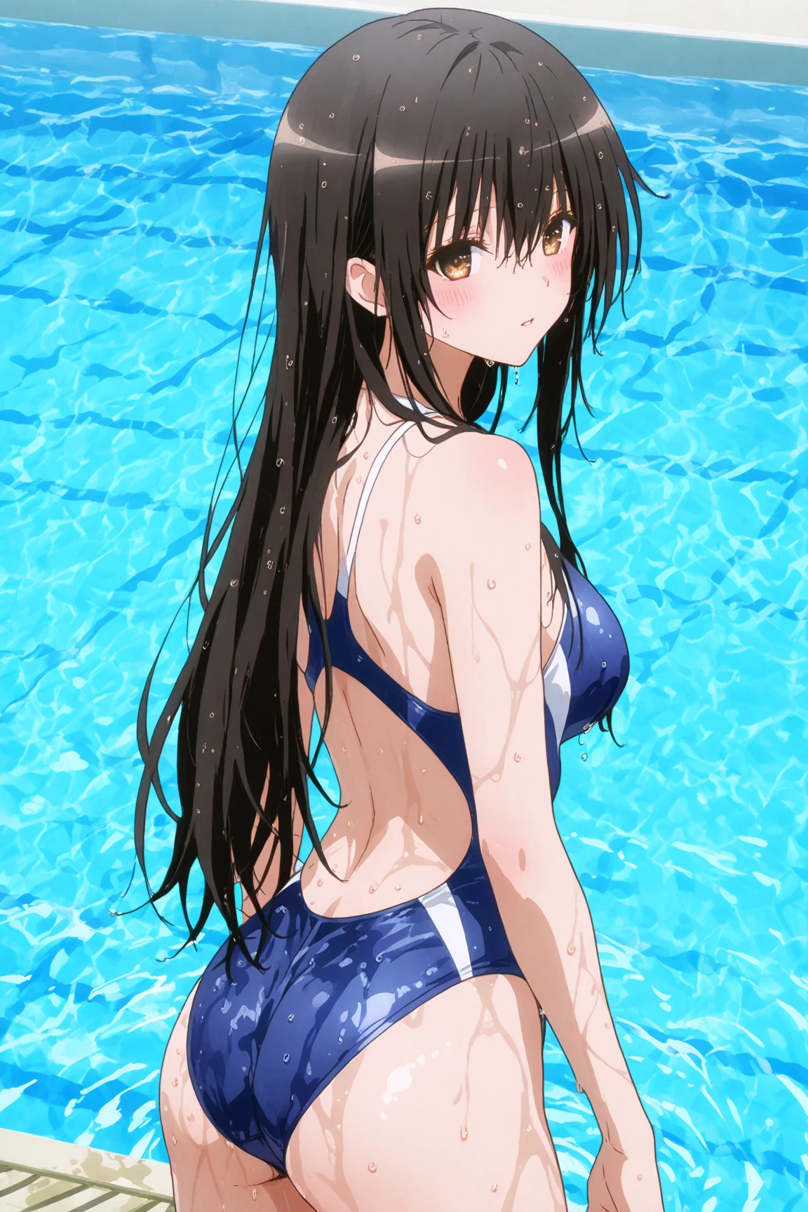 Takase Mizuki, One person, alone, blue eyes, Redhead, Long Hair, yellow bow, bow, ponytail, hair bow, smile, (Striped-bikini:1.1), (She walked along the beach in the sunset, her bare feet touching the water, the closest she came to seeing that smile), (cinematic angle:1.1)