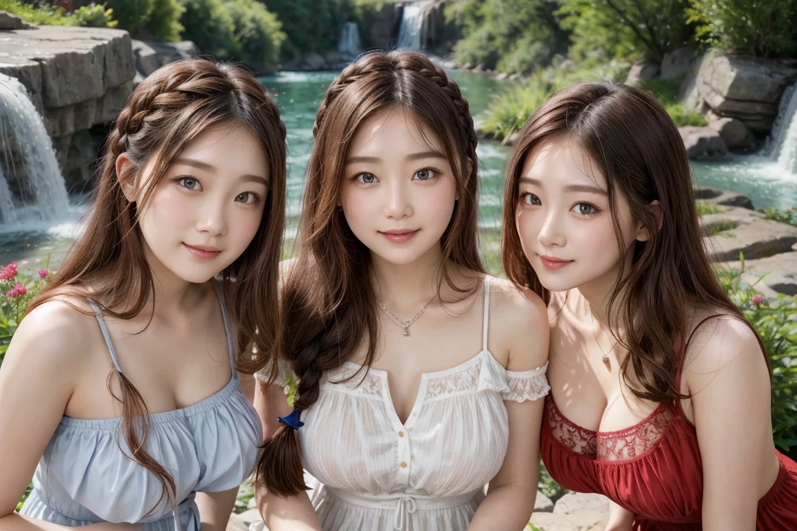 ( 3 girls),smile、Look into the camera、diamond necklace、braided hair, (High quality)、(high resolution)、Two elementary school students、มองมาที่ฉันด้วยsmile、whole body、big breasts、Sleeveless shirt with buttons and collar、short skirt、angle from below、Mouth open and unable to breathe、sexy pose、Shoot underwear at a youthful face.、 photography, Cute face, thigh,In the stream,、รอยsmile、small waist, blue eyes(((The chest is erect...:1.0)))(((round chest:1.0)))(((big breasts:1.1)))