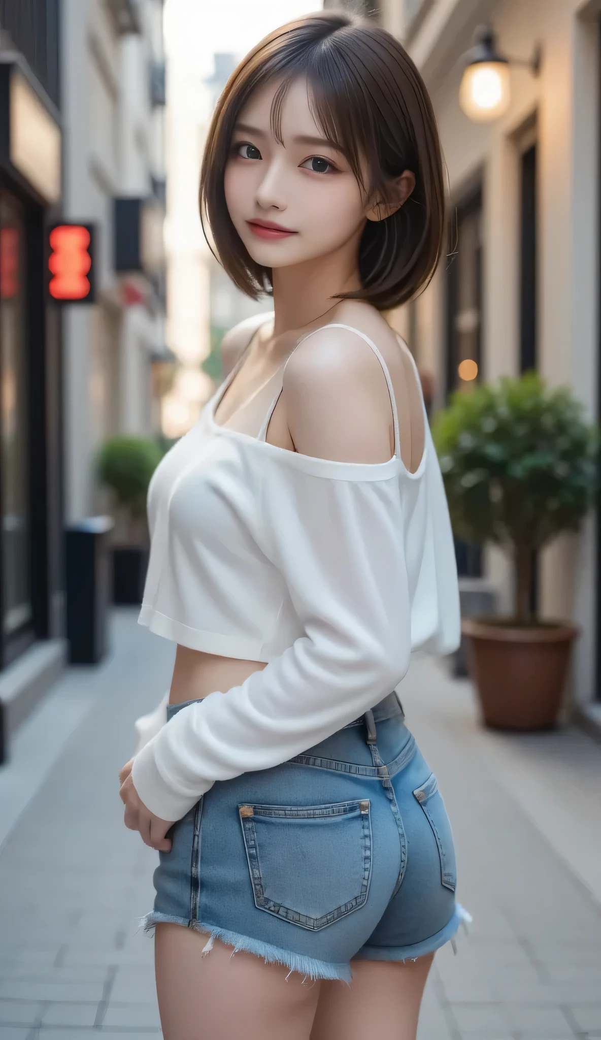 ( top quality , masterpiece:1.2),  perfect body,  Slim Waist, Big breasts,  energetic off-shoulder sweatshirt,  ショートJeans, backstreet, vibrant，one girl, The golden ratio,[:(detailed faces with ofisu:1.2):0.2]:，  Pure Face， is standing，View from the waist，  close up from back  ，( top quality , masterpiece:1.2),  perfect body,  Slim Waist,   Jeans,   Full body portrait ，rear view，