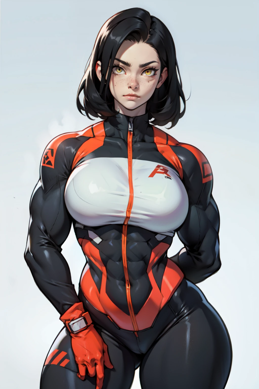 massive breasts huge breasts ((((muscular girl)))) ((((muscular girl)))) ((((muscular girl)))) toned body skinsuit long hair black hair yellow eyes pale skin serious look empty eyes embarrassed
