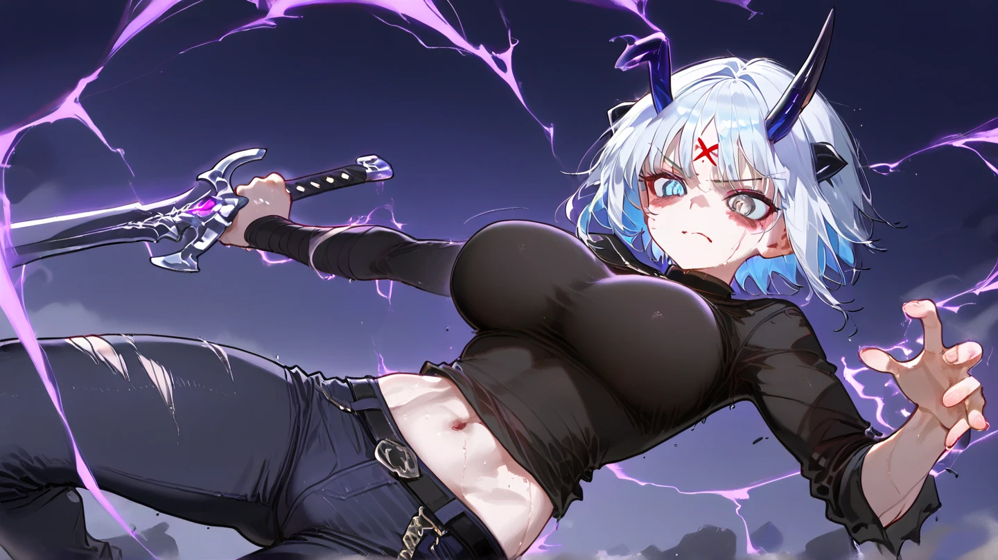 1 skinny girl, solo, light blue hair, (red and purple heterochromia), (red left eye and dark purple right eye:1.4), bending back, looking at viewer, BREAK, black plunging neckline short dress, dark yellow cropped jacket, black thighhighs, BREAK, (bouncing unaligned huge breasts:1.5), cleavage, very short torso, (inconceivably narrow waist), thin long legs, BREAK, holding a spear, BREAK, (show off crotch:1.4), desert, desert storm, strong wind, rocks at background