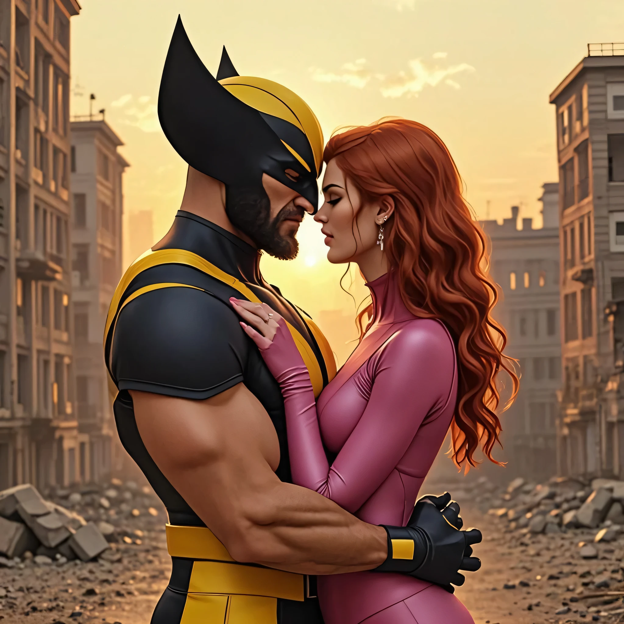 Create a picture of wolverine where he Lea, a girl with shoulder-length wavy light pink hair, she is a bit big. She wears black baggy pants and dark blue hoodie jacket , he threatens her with his claws  