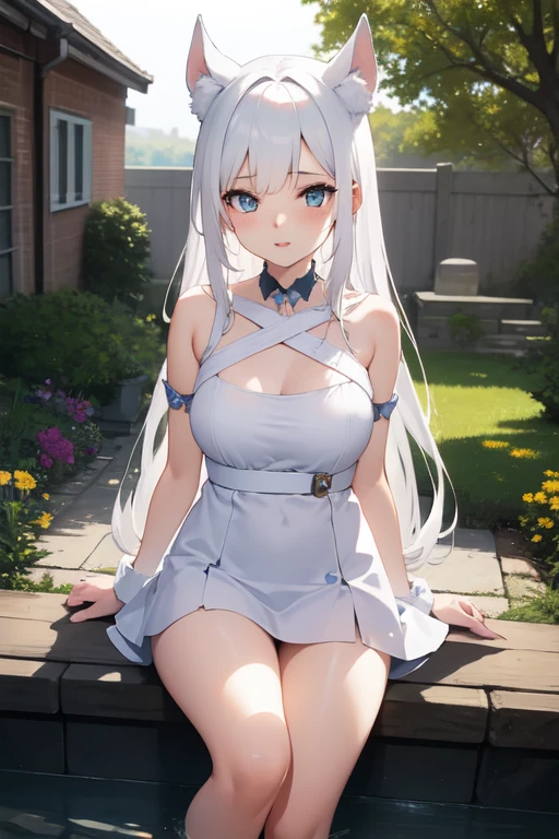 Woman, One, Big breasts, Thick thighs, Happy face, White hair, Braided hair, Mini skirt, Long sleevles, Full body, Unbuttoned clothes, Shower, Squatting, Striptease