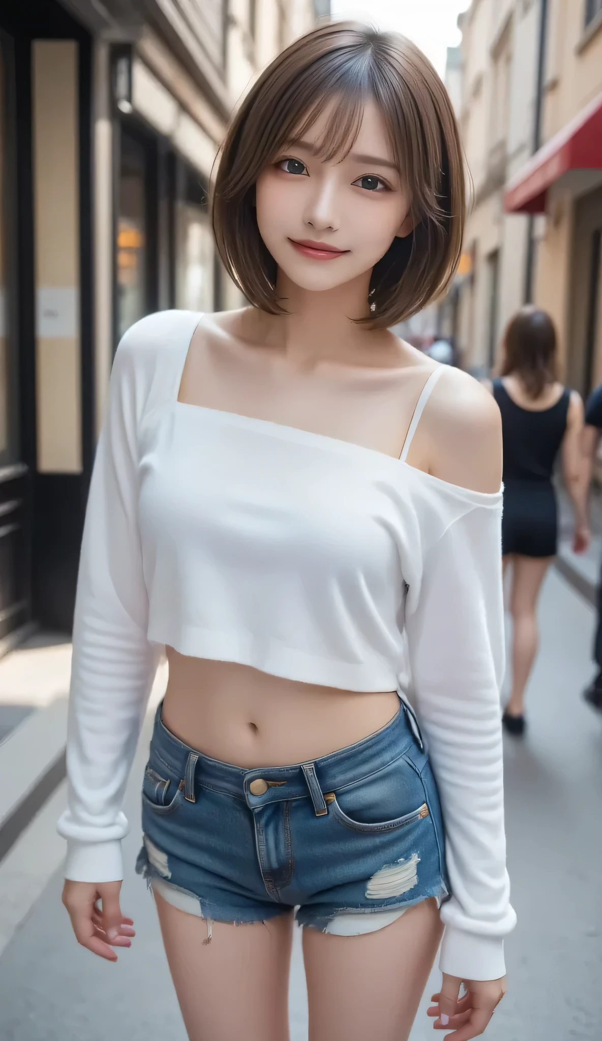 ( top quality , masterpiece:1.2),  perfect body,  Slim Waist, Big breasts,  energetic off-shoulder sweatshirt,  ショートJeans, backstreet, vibrant，one girl, The golden ratio,[:(detailed faces with ofisu:1.2):0.2]:，  Pure Face， is standing，close-up  ，( top quality , masterpiece:1.2),  perfect body,  Slim Waist,   Jeans,   Full body portrait ，