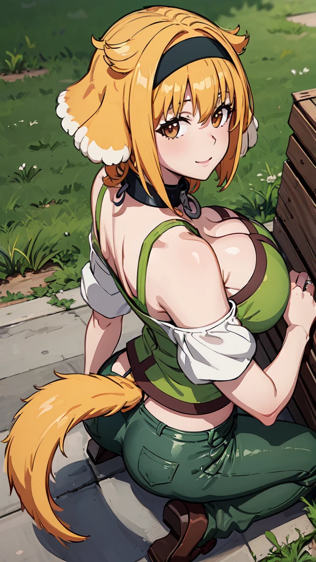 masterpiece, best quality, roxanne, dog ears, black hairband, [[[green hairband]]], collar, off-shoulder shirt, cleavage, green vest, green pants, large breasts, looking at viewer, ((dog tail above butt)), wedding_ring, happy, cabin, field, day