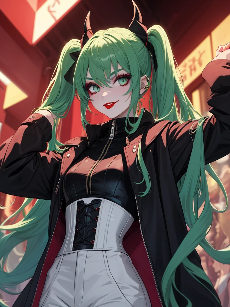 woman、Early 20s、Wicked Smile、Blonde、Long Hair、Green Eyes、Frameless sunglasses with red lenses、Face close-up、sexy、sexyなポーズ、Black tube top、Bright red long coat、R-18、City of night
