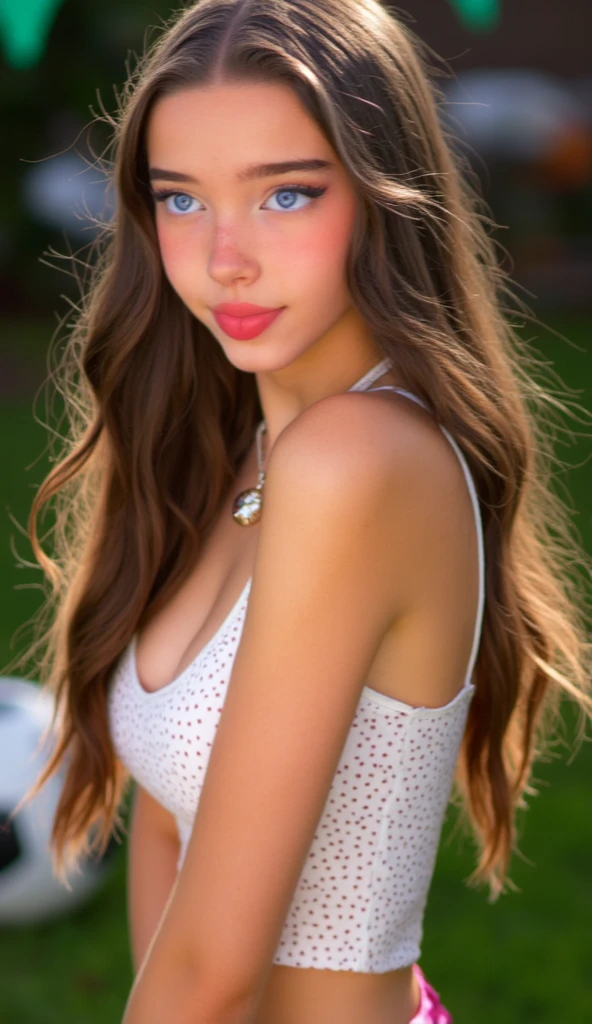 A beautiful girl, Shoulder-length hair, Clear eyes, Smooth hair, Exquisite and perfect facial features, The most beautiful big eyes, Long eyelashes, Sweet eyes and eye bags, pout, Dynamic Angle, Ultimate image quality, Highest precision, Precise and perfect human body, necklace, Break, close up, outdoor, Flowers and plants in the background, Long Shot,