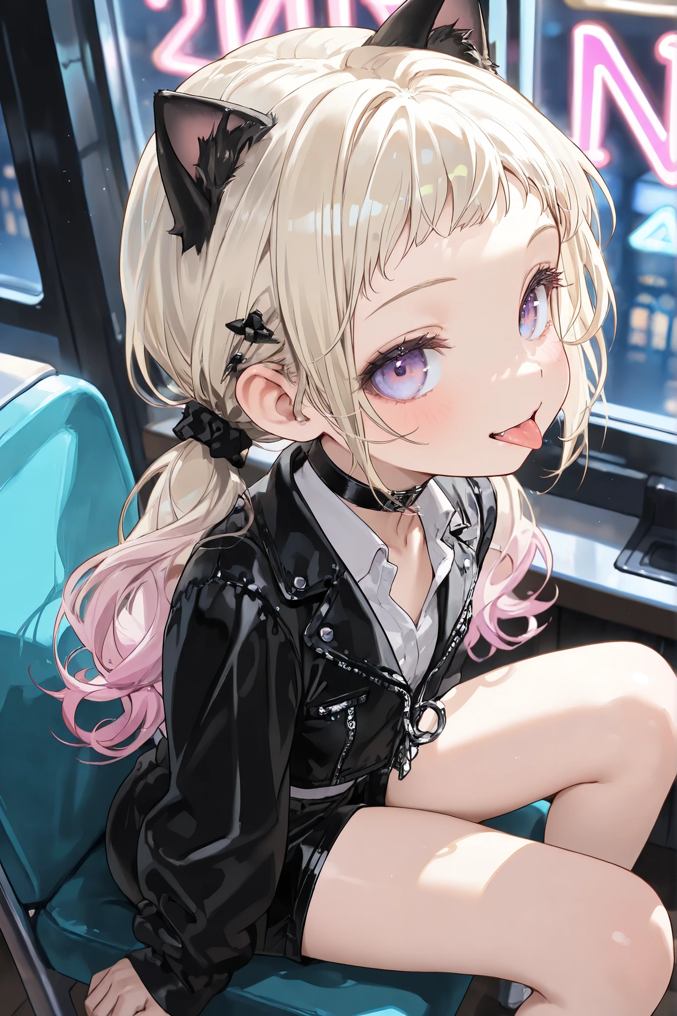 ((Masterpiece)), ((best quality, very aesthetic, absurdres, newest)), (profile), (8K), (cinematic lighting), ((1girl)), (cute young girl), (Healthy body, Textured skin, small breast, tilt head), (Dynamic Angle), (Pale blonde hair, gradient hair, Pastel colors Hair Tip, loose pigtails, low pigtails), ((short bangs, cute forehead)), Beautiful collarbone, ((loose cropped Gothic jacket, collared shirt)), (cute short pants, beautiful thigh), seductive smile, (open mouth, sticking out tongue), blush, (Cat ears), (slightly exposed small chest), BREAK, (pale purple eyes, gradient eyes, looking at side), (cute cheeks), glossy lips, pouty lips, (lower eyelashes), (loose sitting on the cheep chair), indoor, the Old arcade, dim room, neon sign,