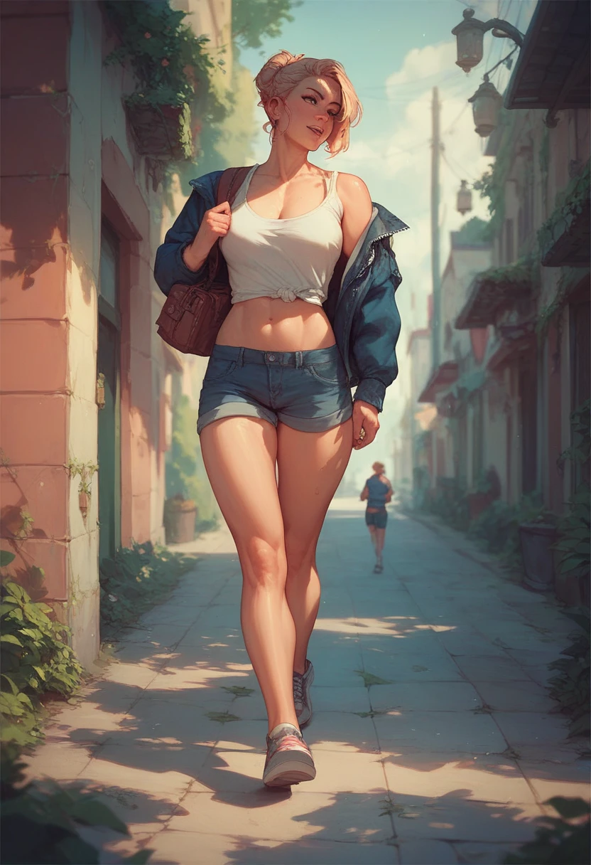 (masterpiece, best quality:1.2), full body shot, solo, Android 18 from Dragon Ball, collarbone, cleavage, ((slip-on one-shoulder crop top)), (light gray top:1.2), no jacket, midriff-baring, navel, (short shorts), strings of thong underwear slightly visible, small breasts, short blonde hair loose, ((blue eyes)), ((wearing glasses)), earrings on earlobes, slender feminine figure, narrow waistline, skinny body, (plane black cap), (cap without logo), beach sandals, sunlight, head tilt, looking at viewer, light blush, shot from behind, looking back, back view, arms behind back, walking, the Louvre, the Eiffel Tower, outside, natural lighting and shadows, blur background, 4K