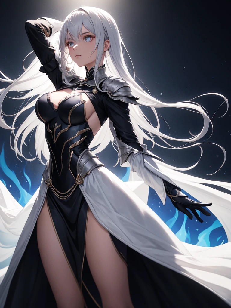 (work of art, best qualityer, ultra detali, best shade), (detailed back ground,black fantasy), (beautifull detailed face), hight contrast, (better lighting, extremely delicate and beautiful), ((cinematic light)), colorfully, hyper detail, Dramatic light, details Intricate, (1 girl, standing alone,White hair, sharpy face,purples eyes, hair between the eyes,dynamic angle), blood splatters, rotating black light around the character, Depth of field,black light particles,(vidro quebrado),magic circle,