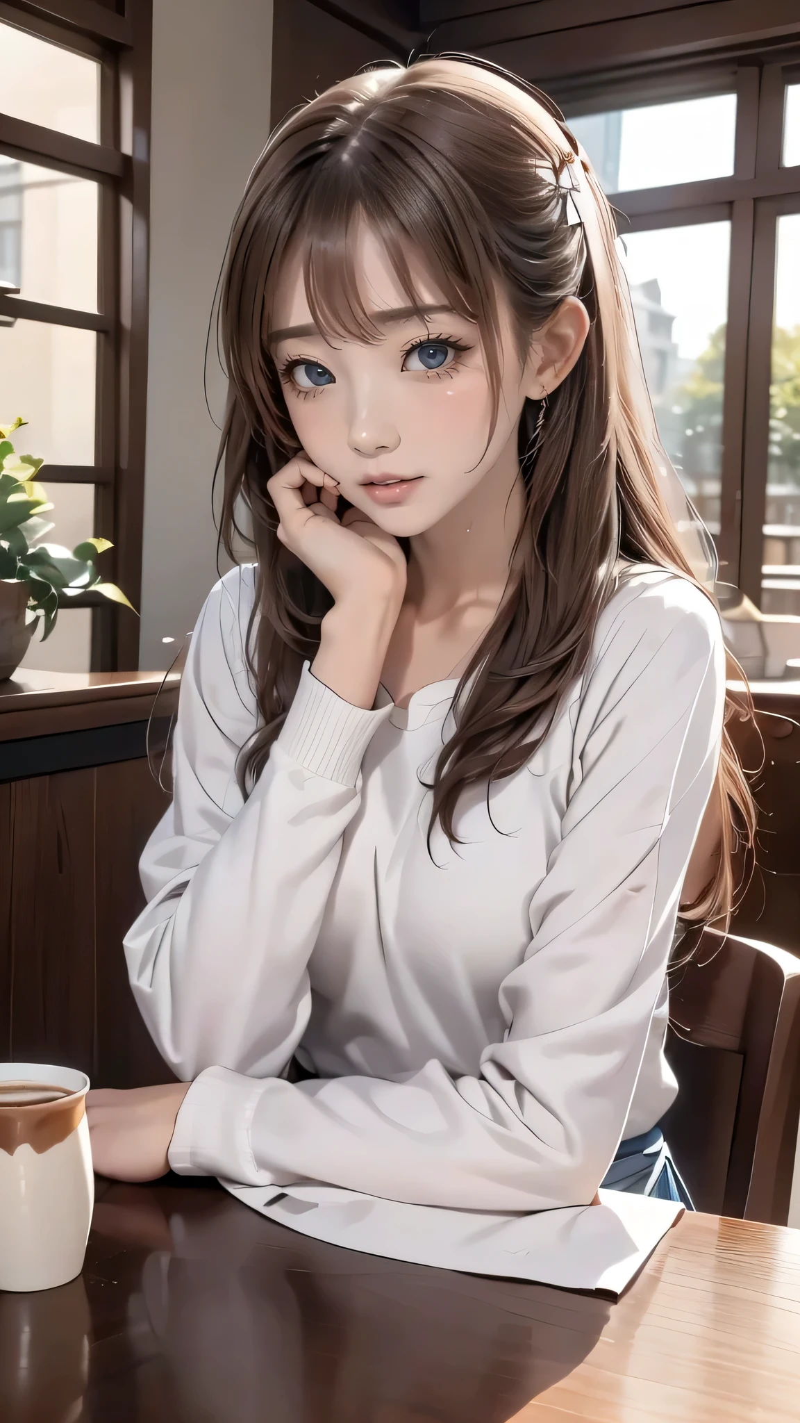 tableトップ, highest quality, 1 girl, alone, light brown long hair, beautiful blue eyes ,window, sitting, indoors, table, sleeves go above the wrist, Cafe, Coffee cup,hair ribbon, headrest, closed mouth, blue sweater, Upper body