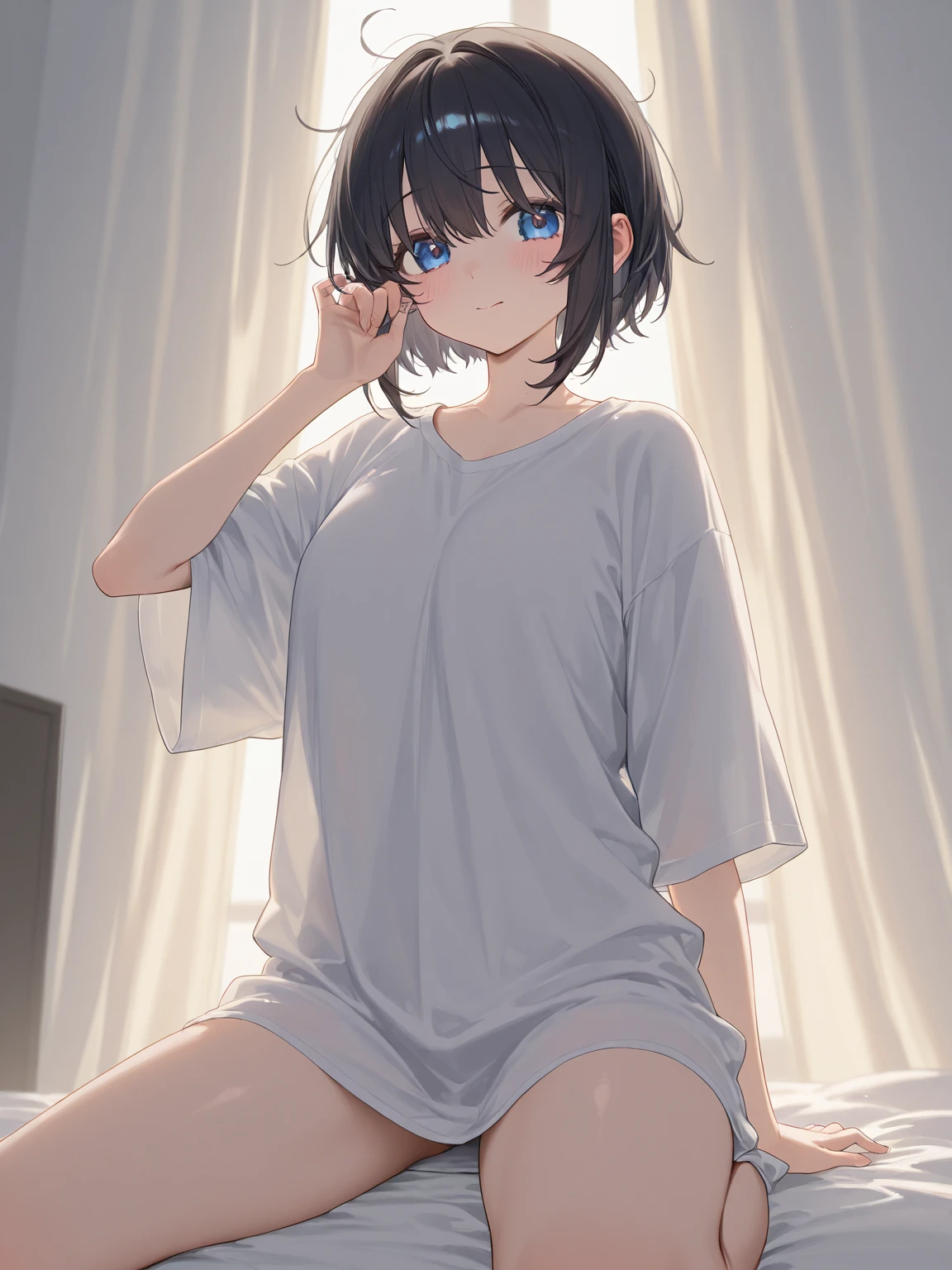 score_9, score_8_up, score_7_up, source_anime, best quality, masterpiece, official art, absurdres, highres, ultra-detailed,waifu2x,JAV Cover, fake cover, break,1girl, tomboy, idol girl, very short hair, pixie cut, small breasts, beautiful detailed eyes, expressionless, sleepily, indoors, break,(clear line illustration:1.2), super detailed skin,very high resolution, very aesthetic, Best sexual lighting powered by famous artist, 8k,cute picture,beauty illustration,photoshop_(medium),,(Detailed Lighting),best anime 8k konachan wallpaper, pixiv contest winner, 