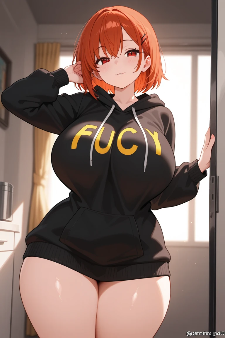 Ginger hair, blue eyes, rounded rear, good breast, thick thighs, wide hips, tall, freckles, at bed , close to viewer, short tomboyish hair, tomboy, messy hair, black hoodie, black tight thong, one girl, ginger haired, beautiful, cute, blushing, five fingers, cute, chubby, soft chubby, smiling shily, big soft legs, freckles on face. Freckles on legs, messy hairstyle tomboy style, soft chubby,