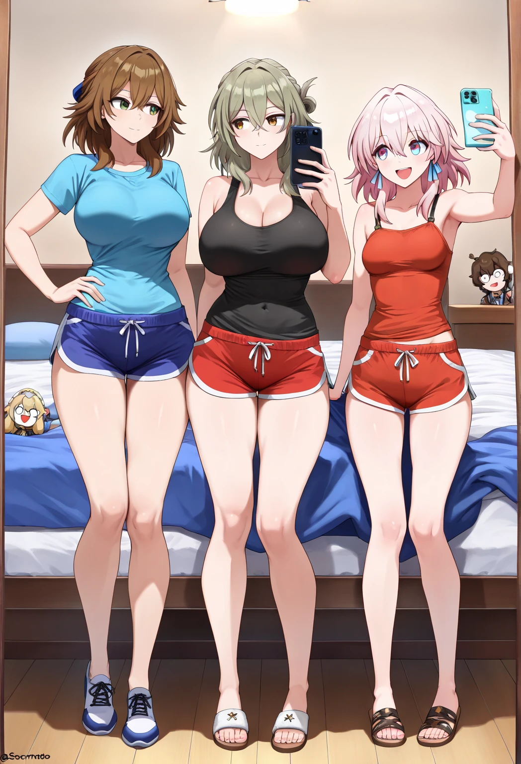 highest quality、 bra、Beige shorts、Cool look、Stretching your legs in your room、Armpit sweat、Grass、Ecstasy Face,(Glamorous figure), (girl1name), (Highly detailed face, smile) ,, (日本のgirl), Slightly round face, (Tan brown face:1.6), cute, Big eyes、2D,highest quality,(masterpiece),(((The whole body is reflected))),(((Full Body))),extra long hair,((light orange hair)),(messy hair),healthy dark skin,((Black denim shorts)),Light pink wrestler tank top,Shiny bare legs,barefoot,Beautiful green eyes,Attractive thigheaty ass,Sloppy body shape,Bedroom,Get drunk,Upward glance,cheeks are bright red,あざでcute,Sexy as hell,Erotic look,Large drops of sweat all over the body,Steamy,sleep with your legs stretched out、My Room、(Lie flat on the bed.),Side view angle,An angle that emphasizes the buttocks
