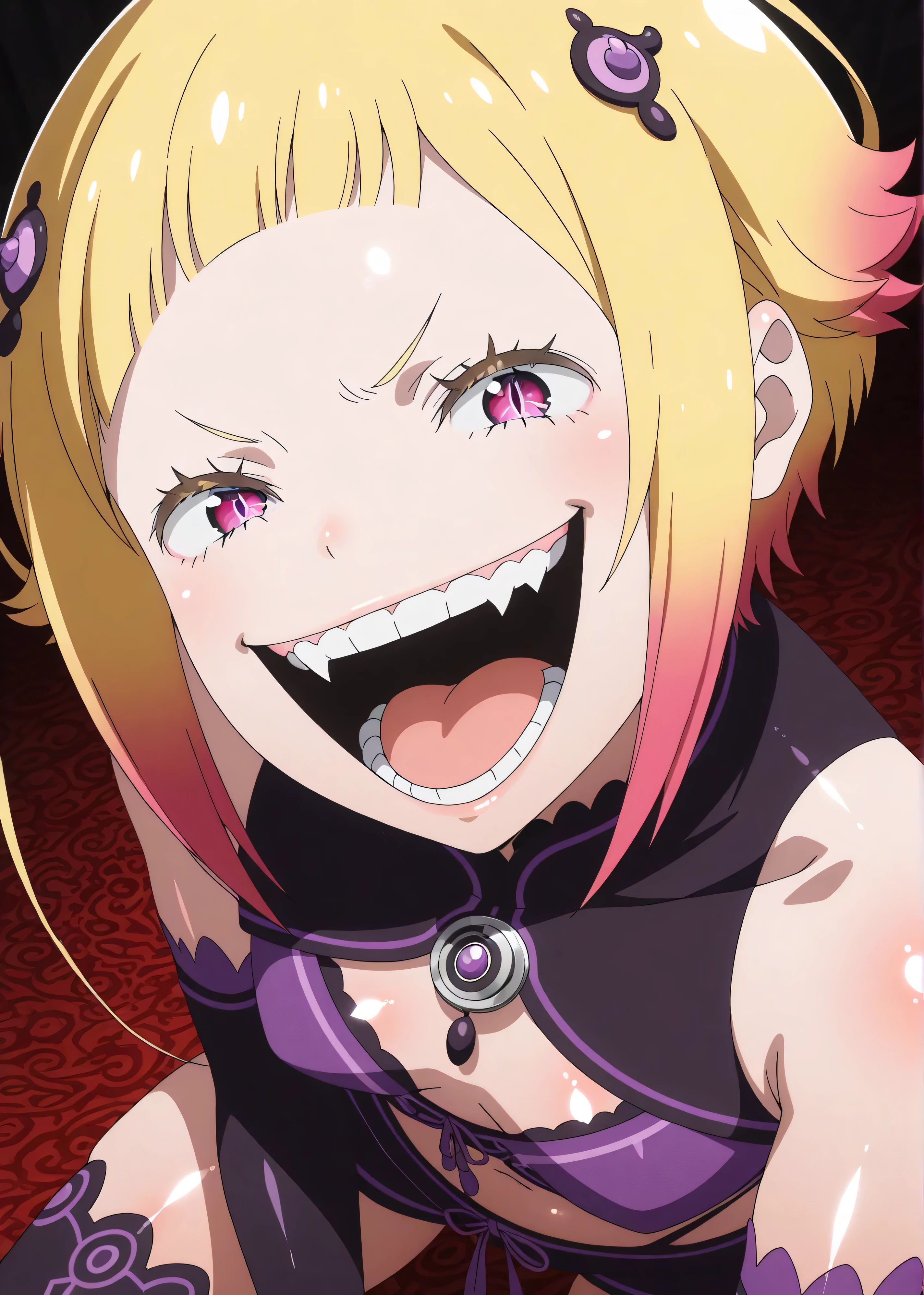 , Capella,re:zero
High quality , best quality , masterpiece, High Resolution , detailed face( LoRA: Capella),anatomically correct, detailed hairstyle( LoRA: Capella),anime Coloring
solo, 1 girl
,multicolored hair,blonde hair,short hair,pink eyes,(shiny skin:1.7),
, purple midriff,black shorts,black thighhighs,hair ornament,
, close-up, looking at viewer,from above,upper body, (evil laugh:1.9),
