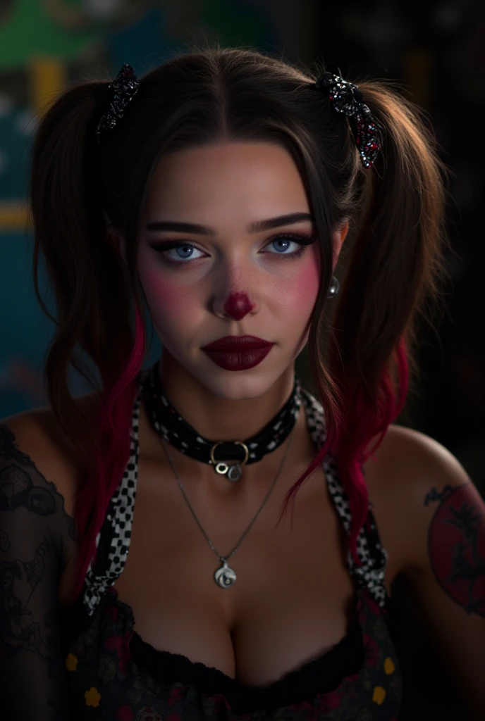realistic, photorealistic, hyper-detailed, 1girl, Harley Quinn, beautiful detailed eyes, beautiful detailed lips, extremely detailed face, long eyelashes, crazy makeup, sexy small outfit, guns, pet hyenas, posing crazy and sexy, Joker themed throne, Fun House of Death, fantasy, dark, dramatic lighting, moody atmosphere, vivid colors, cinematic composition, intricate details, highly polished, digital art