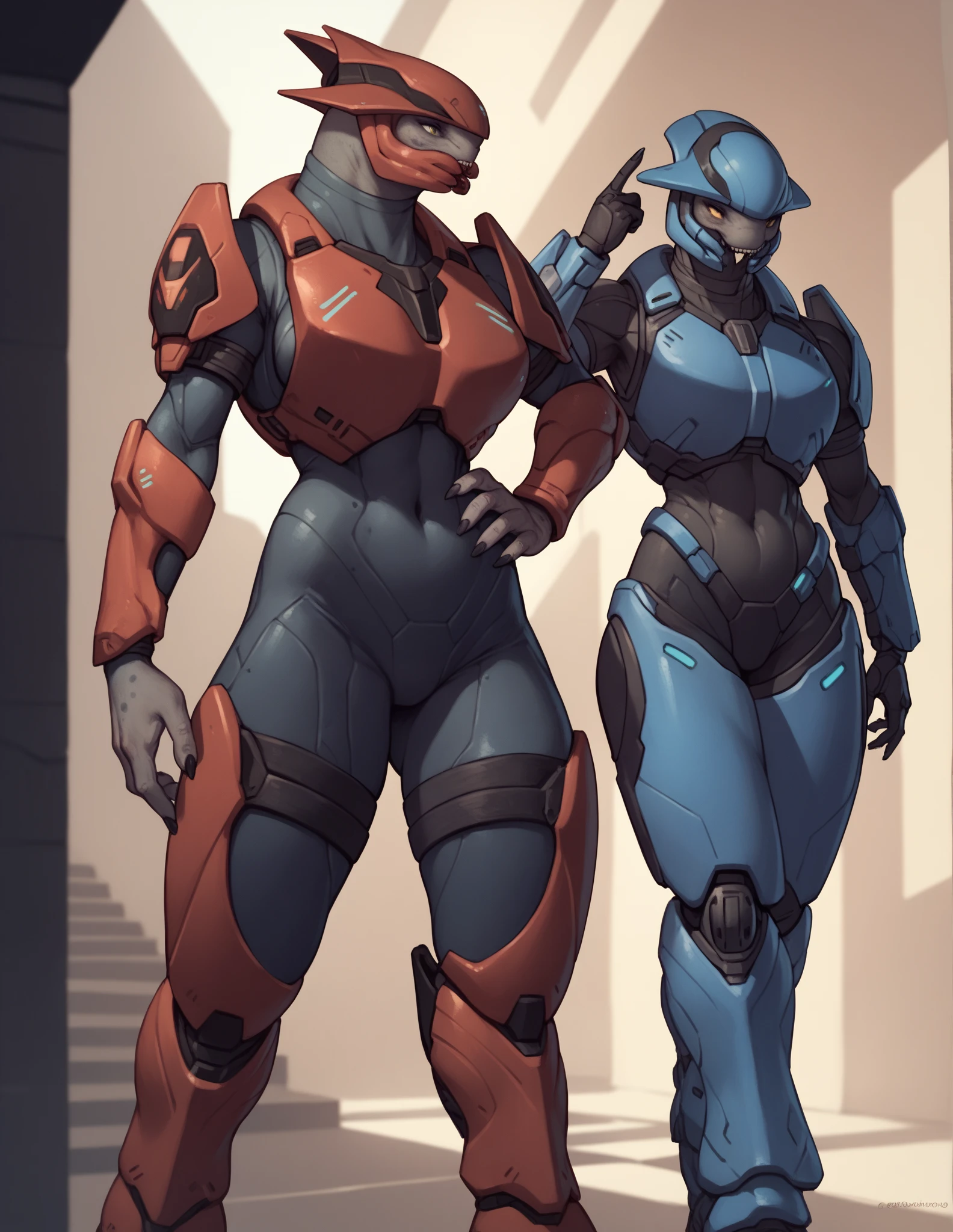 1girl, spartan halo, big breasts, wide hips, high res, high resolution, thick thighs, realistic, raw photo, thick thighs, body suit, sexy pose, nipple outline, duo, size difference