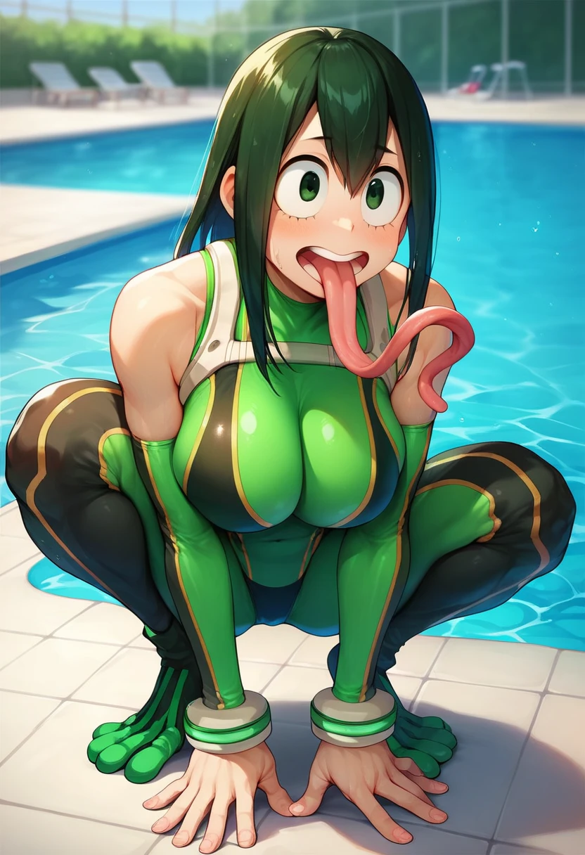 ((Highest quality)), ((masterpiece)), (detailed), （Perfect Face）、The woman is Yukikaze Mizuki, with medium-long brown hair and dark skin.、The woman is naked and has the body of a frog, a perfect frog girl, with webbed hands and feet, a frog-like posture, and a frog-like body surface.、The female is by the water in the forest mating with a giant male frog.