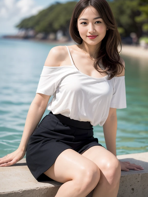 {{NSFW}},((highest quality、In 8K、masterpiece:1.1)),(Natural light),(shine:1.4),(illuminate the front), (ultra-detailed face),1 female、japanese woman、25 year old adult female、Beautiful woman with bob hair、(短hairの女性)、(shoulder length),droopy eyes、droopy eyes、cute big eyes、beautiful double eyes、cute face、delicate and beautiful skin、human-like skin、Realistic skin feel、複雑な色hair.luster々hair、looking at camera、double round big eyes、Very delicate eyes、super detailed face、high definition lip、thick lips、emphasize the face、clear white skin、beautiful white woman、Nipples are erect and protruding ,no panties,pussy line,Take a picture of a standing woman from below、too big breasts、t-shirt、woman wearing camisole、white sand beach、Blue beach、The long skirt is swaying in the wind、woman wearing a t-shirt、Woman in red skirt、