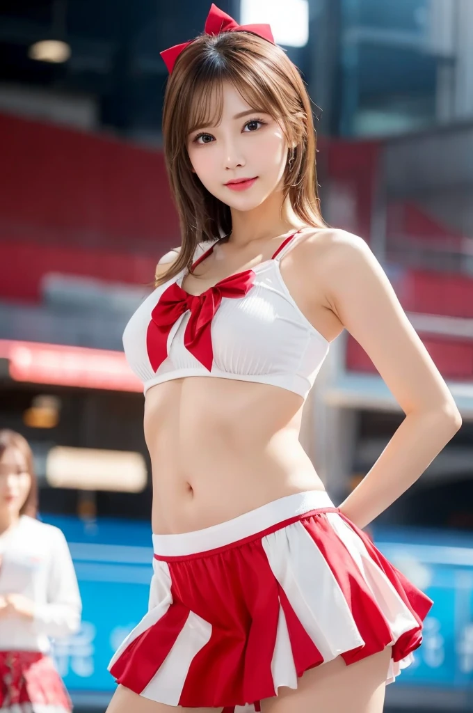cheergirl、(Best quality at best、8K、A masterpice:1.3))、Crisp focus:1.2、Beautiful Woman with Perfect Style:1.4、Slender abs:1.2、((dark brown hair、Groot:1.2))、Highly detailed facial and skin texture、Detailed eye、二重まぶた、(a beautifulchi girl:1.5)、Sexy Cheerleader、Cheerleader costumes、Put on a cheerleader costume and spread your legs((HugeBoobs、cleavage of the breast)))、(thick thigh、Hourglass Figure))、(top ress)、(Nipple paste: 1.8) ((Chunky red lips)), (long pony tail)), a photo, A masterpice, Realstic, 真实感, photo realism, high-contrast, Art Station 8K HD HD, specifics, Realstic, the detail, Skin texture, Super Detail, realistic skin textures, armature, Best quality at best, ultra-high-resolution, ( photorealestic: 1.4), high resolucion, the detail, Raw foto, Clear Resolution, Nikon D850 Film Stock Photo Lige Freezes 4 Kodak Portra 400 Camera f1.6 lenses rich colors ultra realistic textures dramatic lighting Unreal Engine Art Station Cinestir 800 Trends, (Casual Hairstyles, super: 1.9) ), Super Detail Face, Delicate eys, 二重まぶた, Soft breasts, smile on face, Ultra exposed chest, Whole human body, Thigh Gaps, pale skinned, fitness, Beautiful ass, Glamour, Soft curves, Huge buttocks wide hips, full wet lips、Sexy Cheerleader、Cheerleader costumes、Cheer costumes、Fluffy skirt、mini-skirts