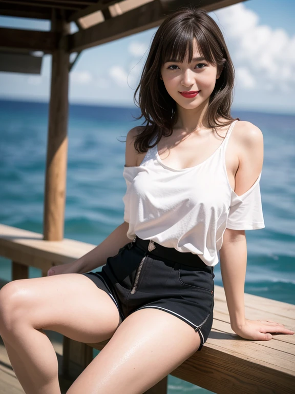 ((Exposing shoulders)), ((Ample breasts)), ((The skirt is short)), ((Sexy Legs)), ((whole body)),practical, Stylish girl,1girl,sexy pose,best quality,masterpiece,illustration,an extremely delicate and beautiful,CG,unity,8k wallpaper,Amazing,finely detail,masterpiece,official art,extremely detailed CG unity 8k wallpaper,incredibly absurdres,huge filesize,ultra-detailed,highres,extremely detailed,beautiful detailed girl,realistic,outdoors,light contrast,(White tee shirt、Shorts,、Red lipstick、Looking from below、smile、(Ocean、Ocean岸で歩いている)、ショートヘアー
Waiting to start 

