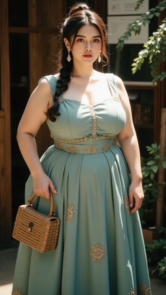 ((masterpiece)),((highest quality)),((Attention to detail)),((Realistic,)) Chubby woman with fat belly and toned thighs, whole body, 26 years old, Thick waist, Thick neck, Thick chest, Big eyes, Long dress with sleeves,Black clothes,Long Hair,Loose-fitting clothing,Height: 150cm,Weight 72kg,Clothes that hide the chest