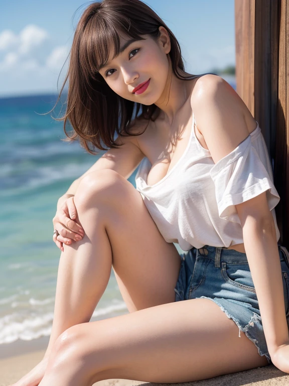 8k,Highest quality, Tabletop, Ultra-detailed, 超High resolution, Realistic, RAW Photos, Absurd, The absolute solution, One Girl, whole body, View your viewers,Young and beautiful woman in Japan, Super cute face, Attractive person, Large Breasts,Long Bob Hair,smile, (White T-shirt and denim mini skirt:1.3),No underwear,Gravure pose on a beautiful beach ,Glossy Lips, 美しいAttention to detail目,Double eyelids on both eyes, Natural Makeup, 光沢のある滑らかなライトブラウンのLong Bob Hair, Asymmetrical bangs, Glowing Skin, (Glowing Skin,Sweaty:1.3),Center image, High resolution, Attention to detail, Detailed hairstyle, Detailed face, Great cinema lighting, Octane Rendering, Vibrant, Ultra-realistic, Perfect limbs, Perfect ???????, Spread your legs,Provocative dynamic pose,Skirt flip,(no panties),nsfw,(spread pussy:1.5)