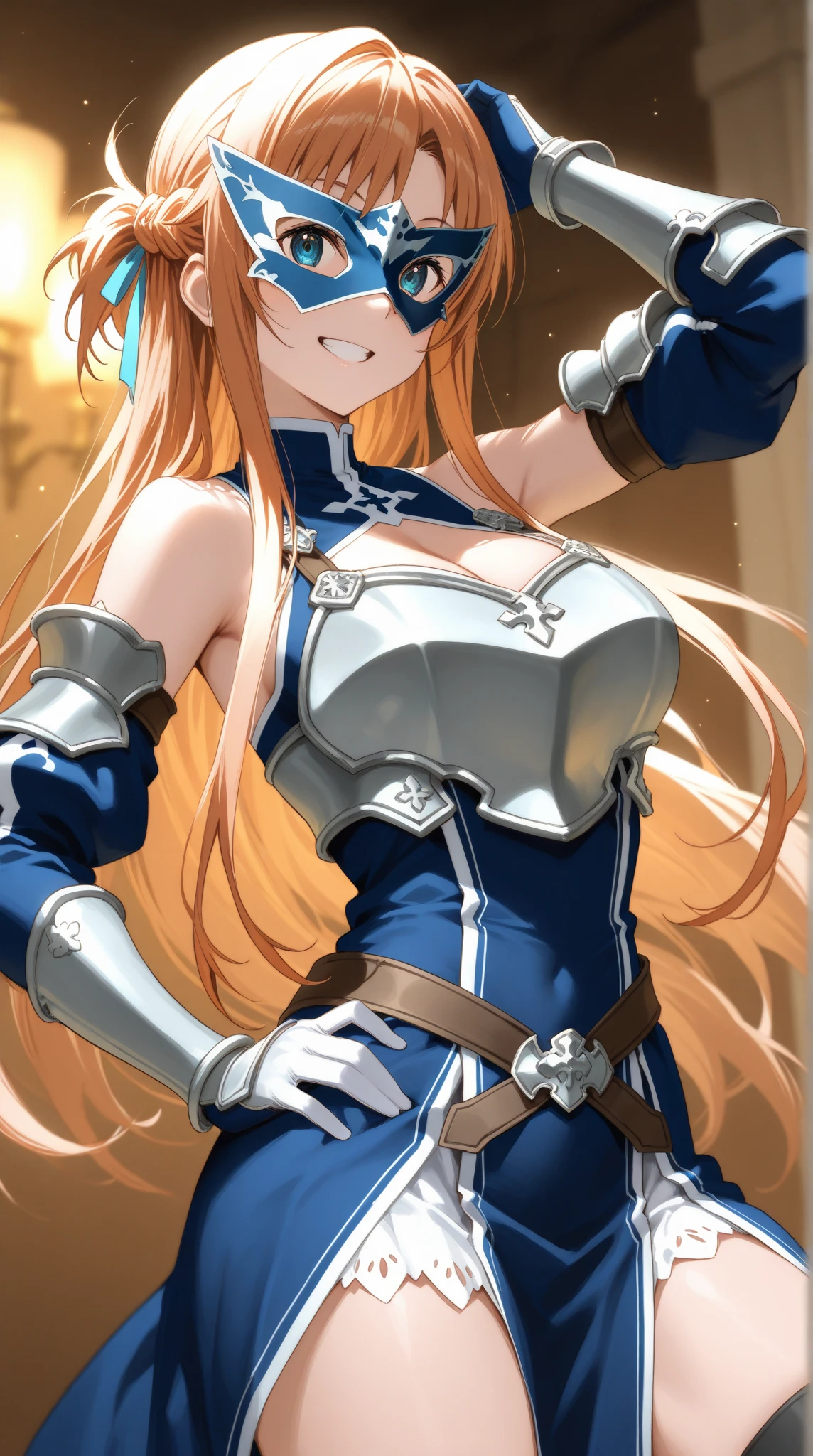 ((Very detailed)), 4K, ((Cinema Lighting)), close, Fantasy World, Medieval, Cobblestone city, wooden stone house, snow, market, marketの屋台, Adult female, dirty, guard, Long brown hair, blue eyes, ((Beautiful Eyes)), Happy expression, blue tunic, armor, steel plate shoulders, Gauntlet, Chain Mail, Medium chest