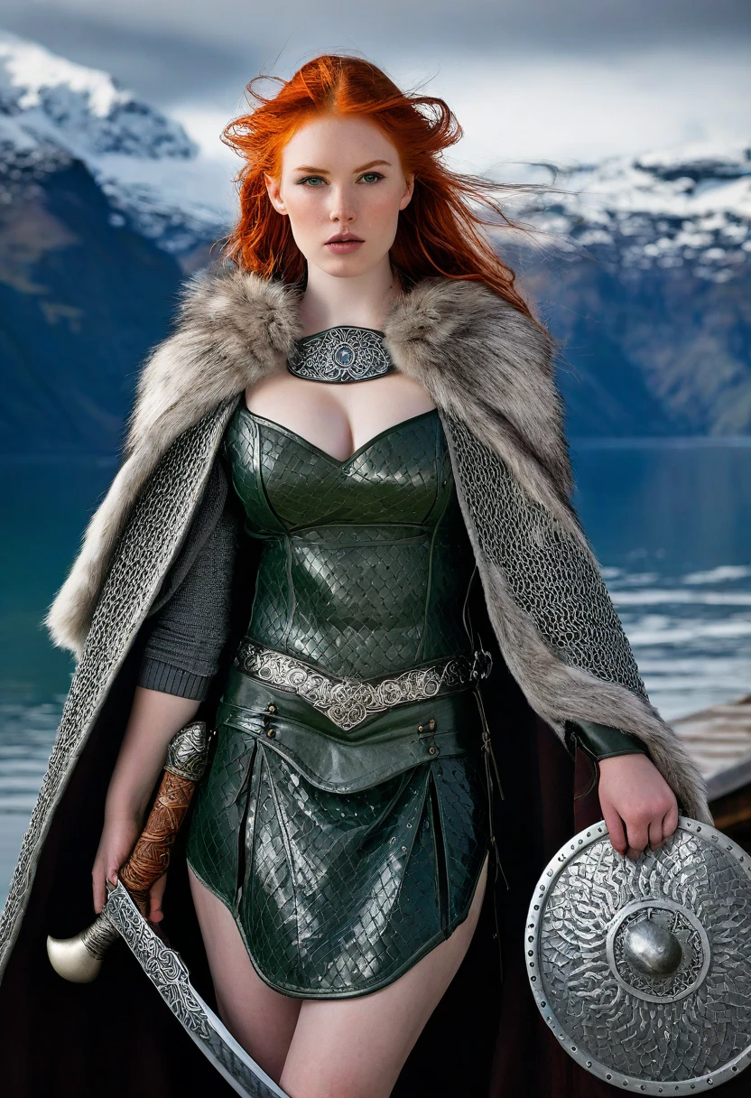 (realistic)(fantasy style)(full body)beautiful barbarian queen with thick red hair and glinting emerald eyes, wearing a choker, wolf furs and revealing leather armor, lots of straps and small chains, wielding a large great axe with expert precision, gray skies, blizzard conditions on a frozen tundra, bears, radiant skin, powerful and intense expression, full body, dynamic pose, life size, perfect anatomy, detailed skin texture, full HD, 4K, HDR, depth of field