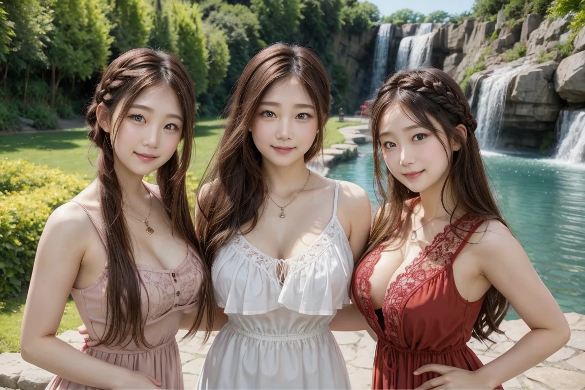 ( 3 girls),smile、Look into the camera、diamond necklace、braided hair, (Wearing a red off-the-shoulder sweater that reveals cleavage.:1.1)、revealing upper arms、Extra long twin tail feathers、Flower Hair Ornaments、 Masterpiece, Highest quality, 8ก, beautiful girl, young face、 photography, Cute face, thigh,(Sitting on a wooden bridge in a lotus pond),、รอยsmile、small waist, blue eyes(((The chest is erect...)))(((round chest)))(((big breasts:1.2)))