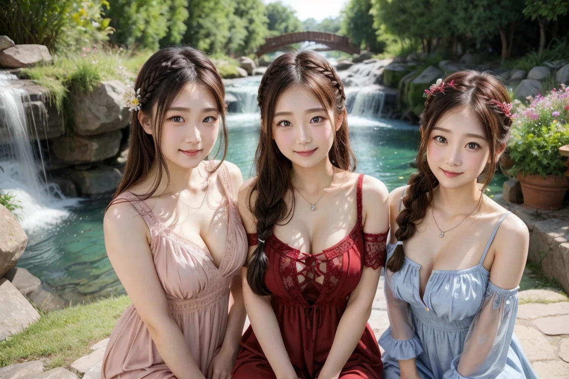 ( 3 girls),smile、Look into the camera、diamond necklace、braided hair, (Brightly colored strapless dress)、revealing upper arms、Extra long twin tail feathers、Flower Hair Ornaments、 Masterpiece, Highest quality, 8ก, beautiful girl, young face、 photography, Cute face, thigh,(Sitting on a wooden bridge in a lotus pond),、รอยsmile、small waist, blue eyes(((The chest is erect...)))(((round chest)))(((big breasts:1.0)))