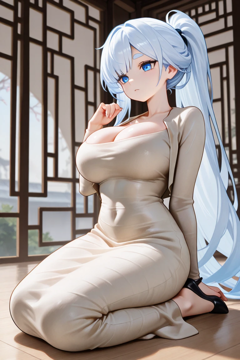 Gwen Tennyson, gwen Tennyson, blue top, gray skirt, long hair, big , thighs highs, kneeling, big breast, youthful, pink lips